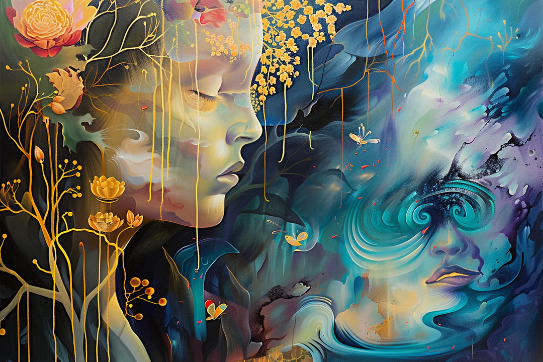 Zwei schwebende Gesichter in einem Traumstrom aus Blau, Gold und Blüten – surrealer Fluss aus Emotion und Natur.
