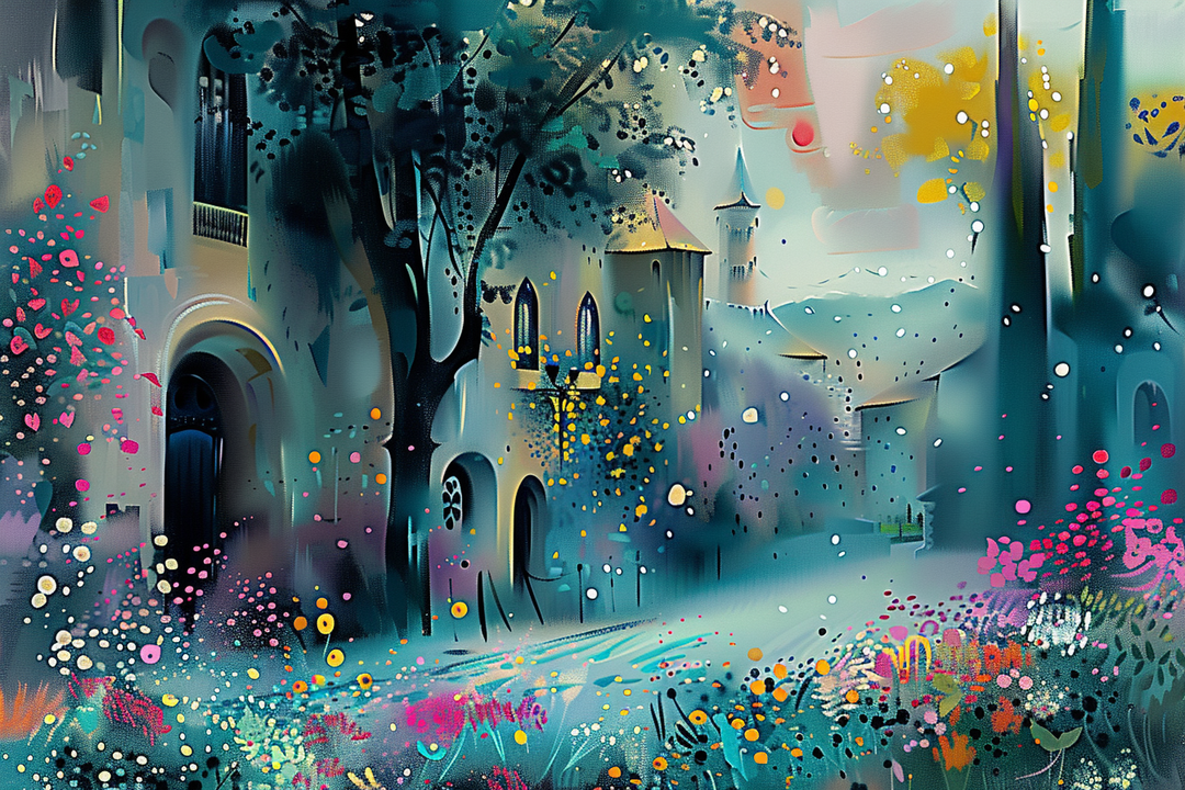 Fantasievolle Stadtansicht mit Bäumen, Blumen und leuchtenden Farben – eine poetische Mischung aus Architektur und Natur in verträumter Atmosphäre.
