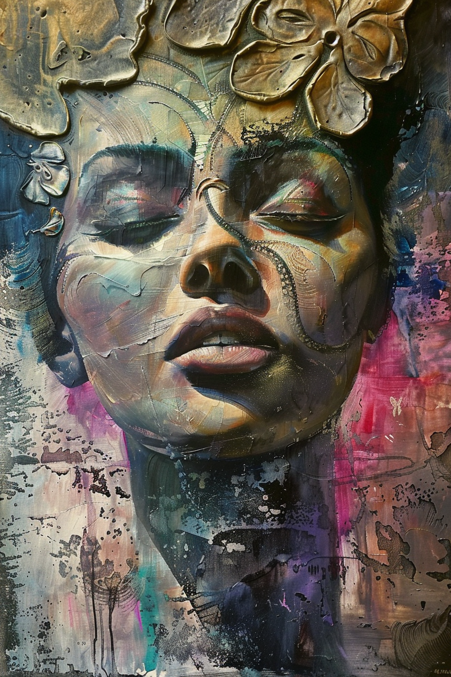 Nahaufnahme eines weiblichen Gesichts mit geschlossenen Augen, abstrakten Strukturen und floralen Elementen – Mischung aus Porträtmalerei und Texturkunst.
