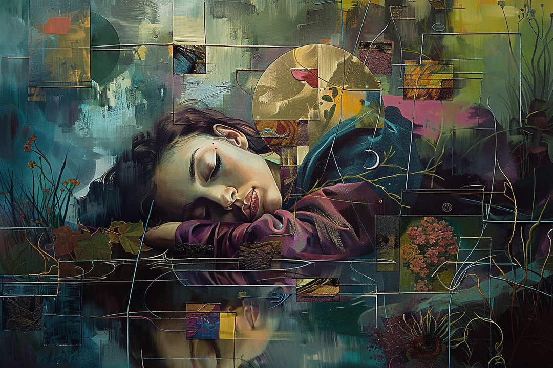 Porträt einer schlafenden Frau, deren Kopf auf ihren Armen ruht. Umgeben von geometrischen Formen, floralen Elementen und leuchtenden Farben in Grün, Blau und Violett. Eine goldene Kreisform überlagert die Szene, wie ein Symbol der Erinnerung oder des Traums.
