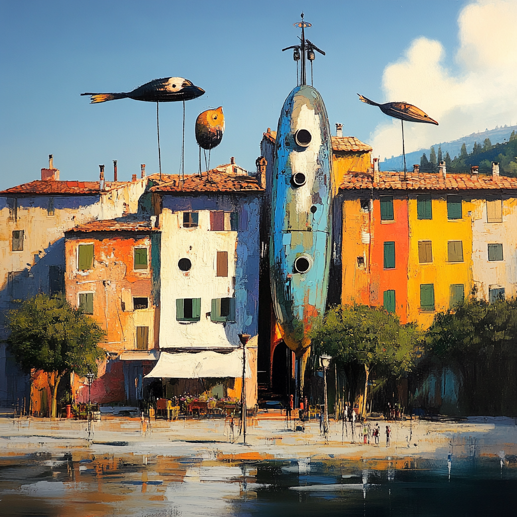 Surreales Stadtbild mit farbenfrohen Häusern, fliegenden Fischen und einem turmartigen Gebilde in Schiffsform – eine poetische Mischung aus Fantasie und Architektur.
