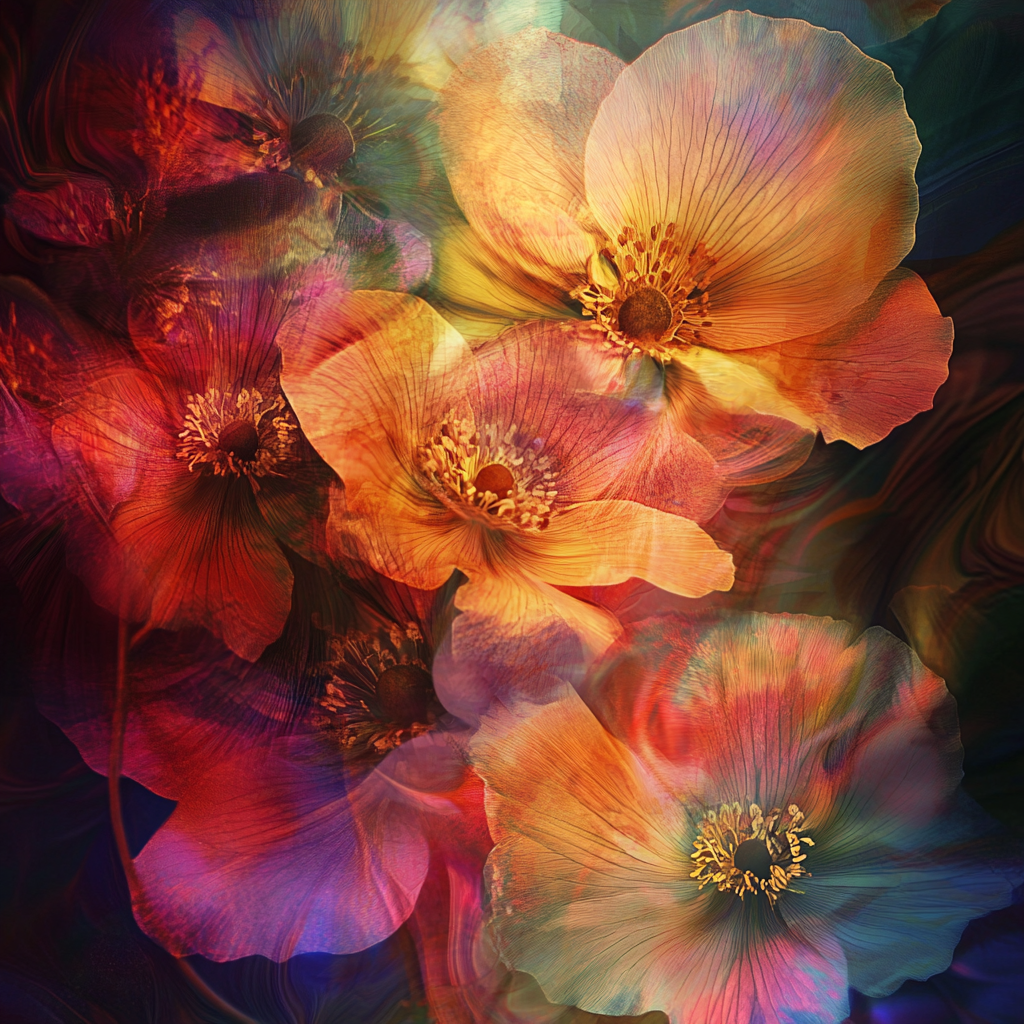 Künstlerische Nahaufnahme von transparenten, leuchtenden Blüten in warmen Farben wie Rot, Orange und Gelb mit sanften Lichtverläufen
