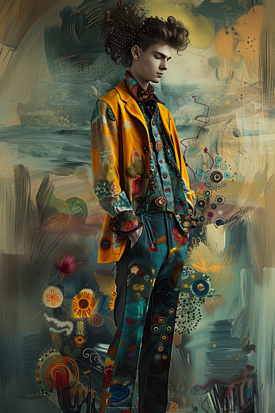 Surreales Porträt eines jungen Mannes in farbintensiver, gemusterter Kleidung vor einem abstrakten, malerischen Hintergrund – eine visuelle Symbiose aus Mode, Kunst und Traum.
