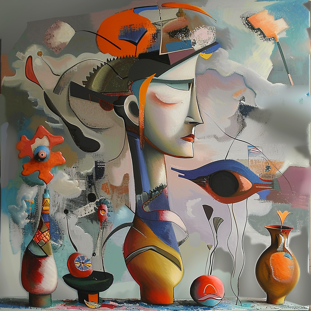 Abstrakte surrealistische Komposition mit einem weiblichen Profil, geometrischen Formen und farbenreichen Symbolen – ein visuelles Spiel aus Traum, Fragment und Fantasie.
