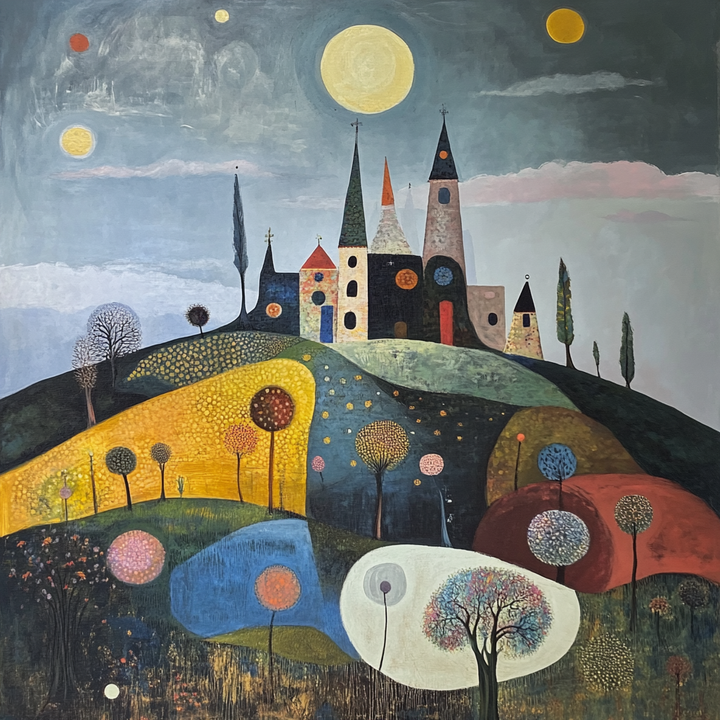 Fantasievolle Stadtlandschaft auf bunten Hügeln unter Sonne und Monden, mit abstrakten Bäumen und märchenhaften Türmen.
