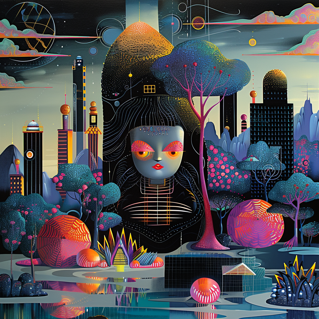 Surrealistische Stadtlandschaft mit einer zentralen, puppenartigen Figur – leuchtende Neonfarben, geometrische Formen und futuristische Architektur im Traumstil.
