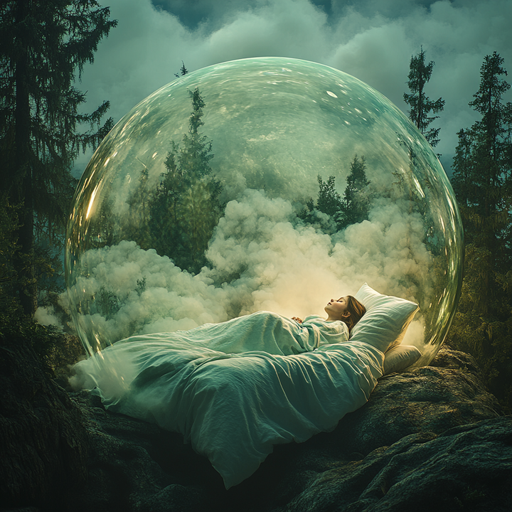 Eine schlafende Frau liegt in einem Bett im Wald, umgeben von einer leuchtenden, transparenten Kuppel, die sie vor Wolken und Dunkelheit schützt.
