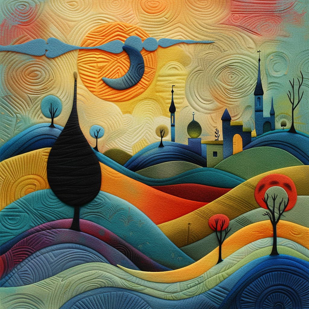 Bunte, wellenförmige Landschaft mit abstrakten Hügeln, Bäumen und einer märchenhaften Stadt unter Sonne und Mond – eine surreale Komposition aus Farbe und Struktur.
