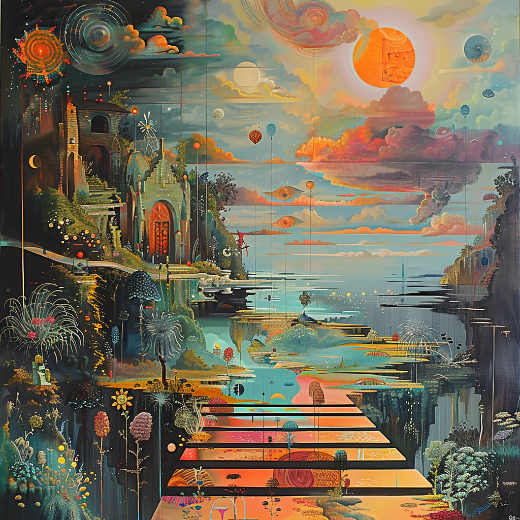 Ein farbenprächtiges, surrealistisches Landschaftsgemälde mit Sonne, Wolken, Tempeln, schwebenden Augen und reflektierenden Pfaden über Wasser, das Fantasie und Traum verbindet.
