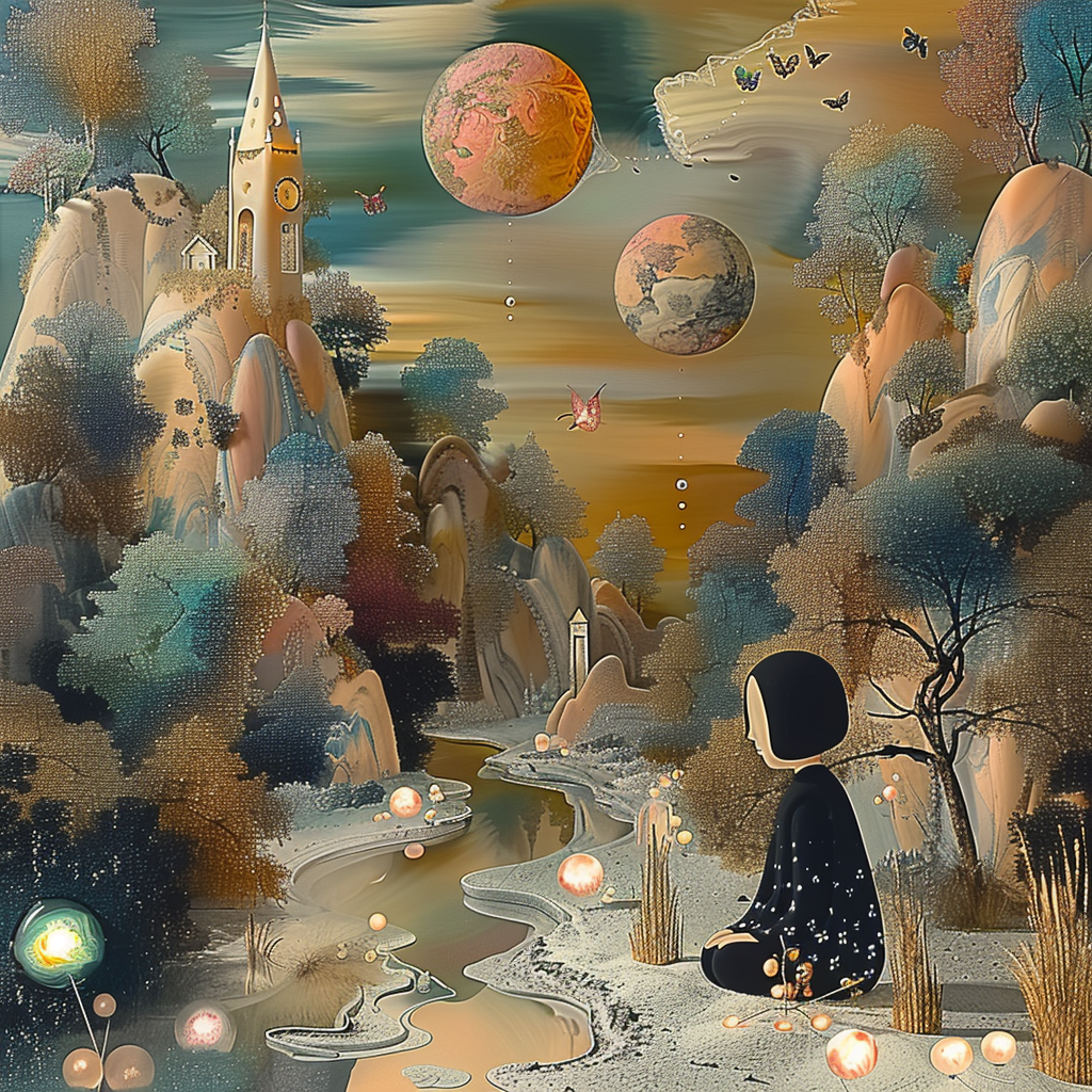 Poetische Fantasielandschaft mit meditierender Figur, Planeten am Himmel und leuchtenden Kugeln entlang eines Flusses.
