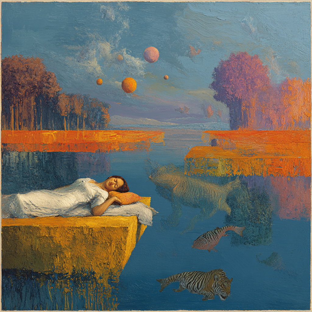 Eine schlafende Frau auf einer goldenen Plattform über blauem Wasser, umgeben von surrealen Tieren, Bäumen und schwebenden Planeten – Symbol für Traum und Bewusstsein.

