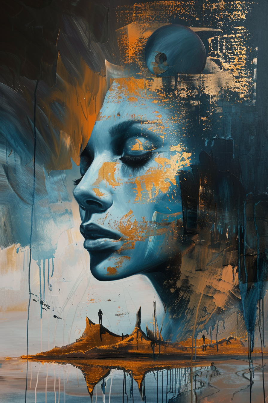 Surreales Porträt eines blauen Gesichts mit goldenen Akzenten und Landschaftselementen – Symbol für Erinnerung, Traum und Bewusstsein.
