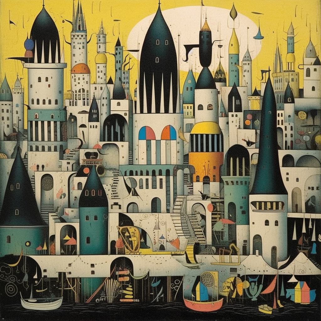 Surreale Stadtlandschaft mit verspielten Türmen, Bögen und Treppen in warmen Farben – eine imaginäre Architektur zwischen Traum und Realität.
