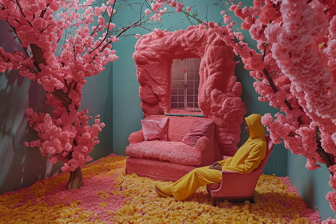 Surreale Rauminstallation mit pinken Kirschblüten, gelbem Anzug und einer rosa Couch – Symbol für Isolation, Traum und künstliche Natur.
