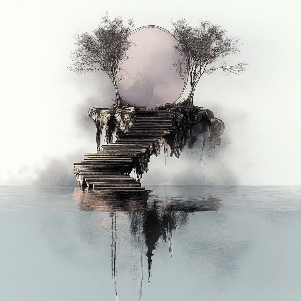 Surreale Szene einer schwebenden Treppe, die über ruhigem Wasser zu einem kreisförmigen Lichtobjekt zwischen zwei kahlen Bäumen führt.
