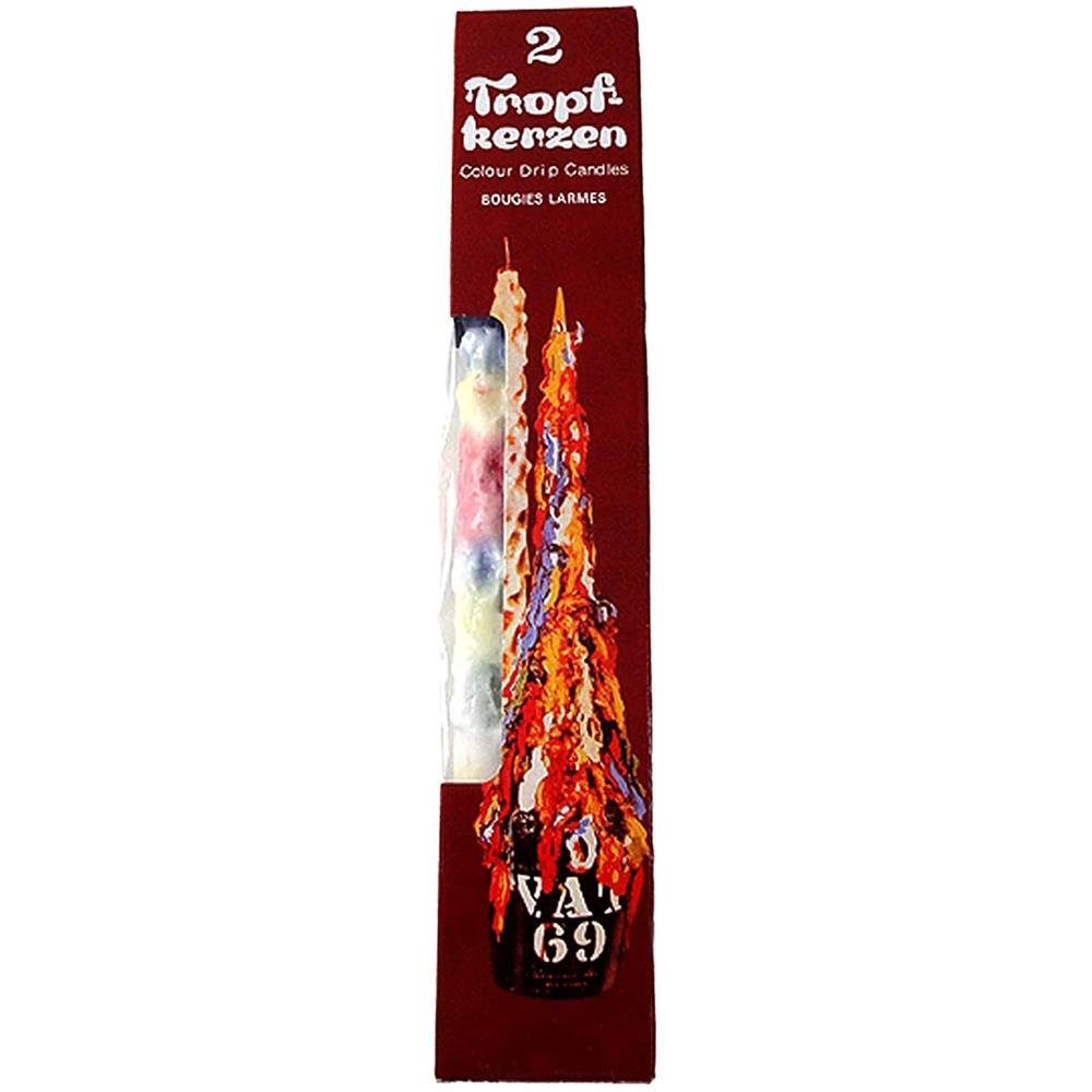 Verpackung mit zwei bunten Tropfkerzen, Nostalgie-Design auf rotem Hintergrund