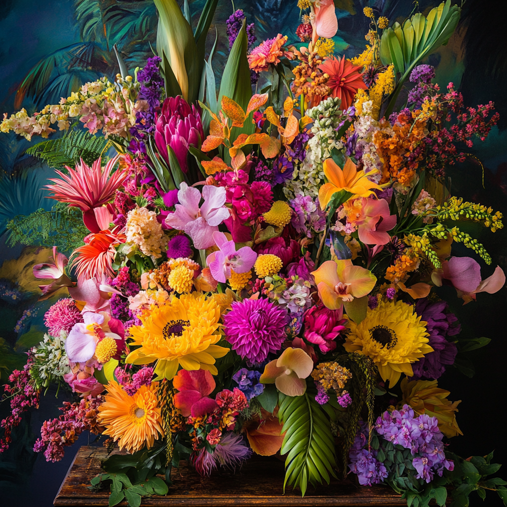 Üppiger tropischer Blumenstrauß mit Sonnenblumen, Orchideen, Gerbera und exotischen Blättern in leuchtenden Farben auf dunklem Hintergrund

