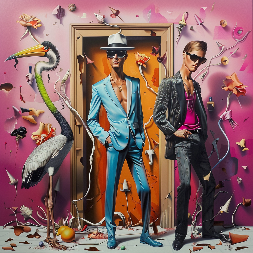 Surreales Kunstwerk mit zwei elegant gekleideten Männern in Anzügen vor einer Tür, umgeben von exotischen Vögeln und schwebenden Blumen.
