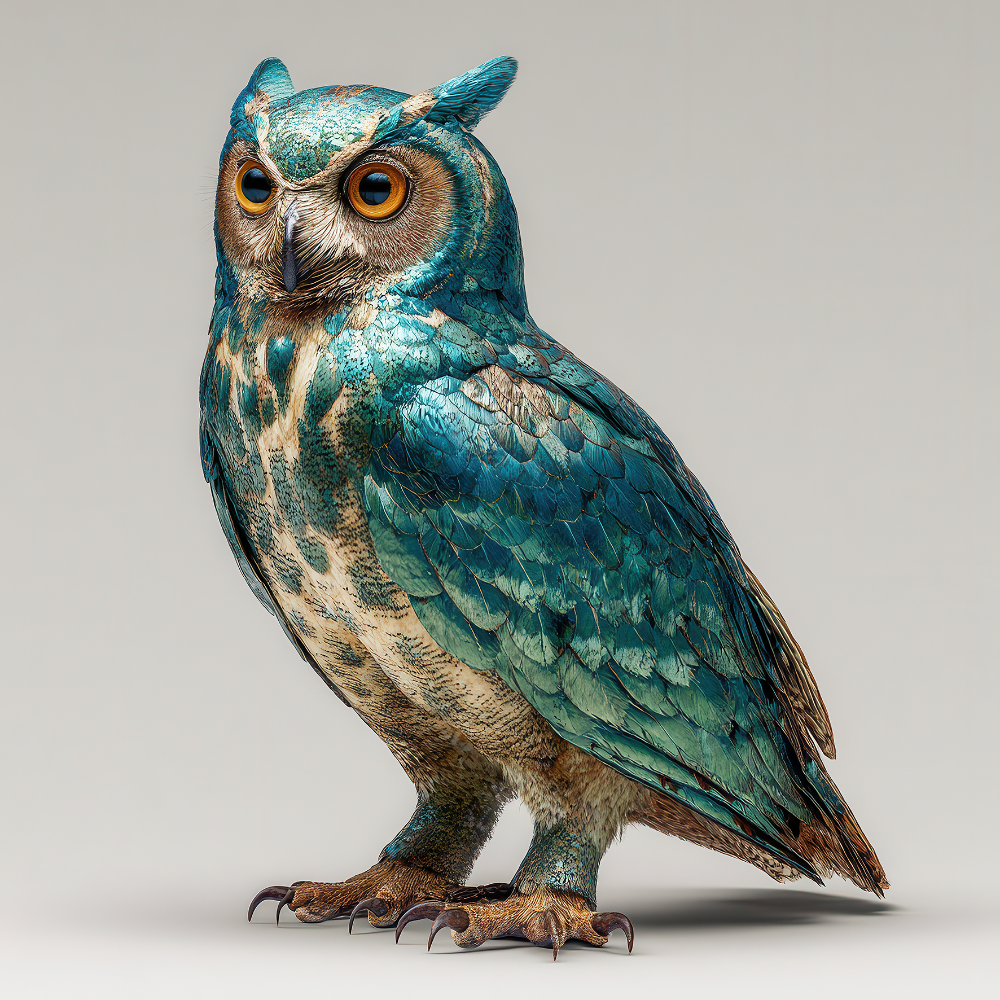 Eindrucksvolle Eule mit türkisfarbenem, detailreichem Gefieder vor neutralem Hintergrund.
