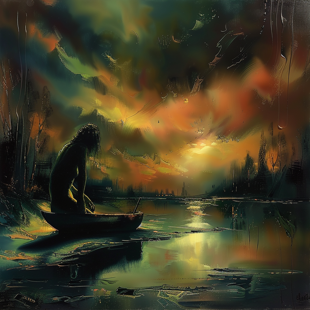 Symbolistische Malerei einer Person in einem Boot bei Sonnenuntergang – ein Ausdruck von Übergang, Hoffnung und innerer Reise.
