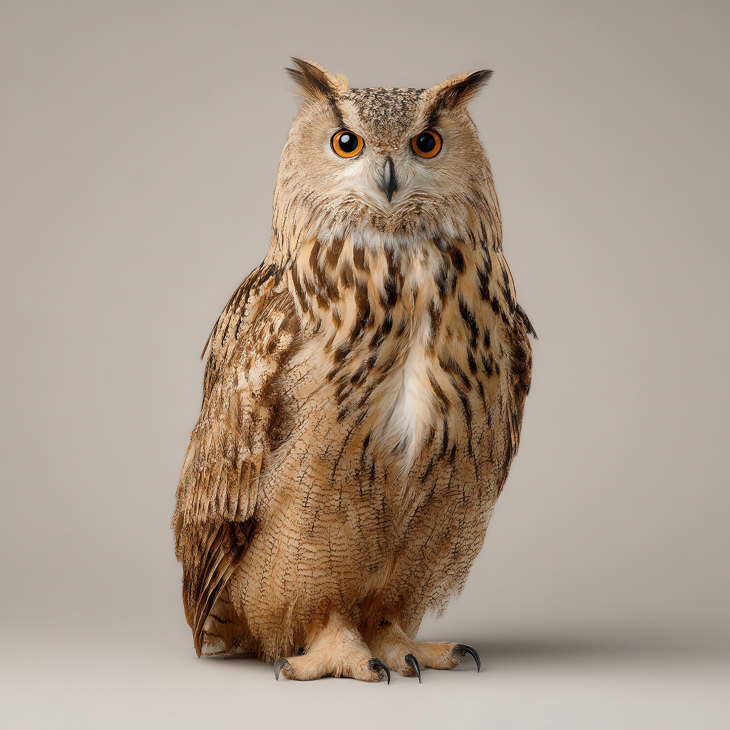 Porträt eines Uhus mit orangefarbenen Augen.
