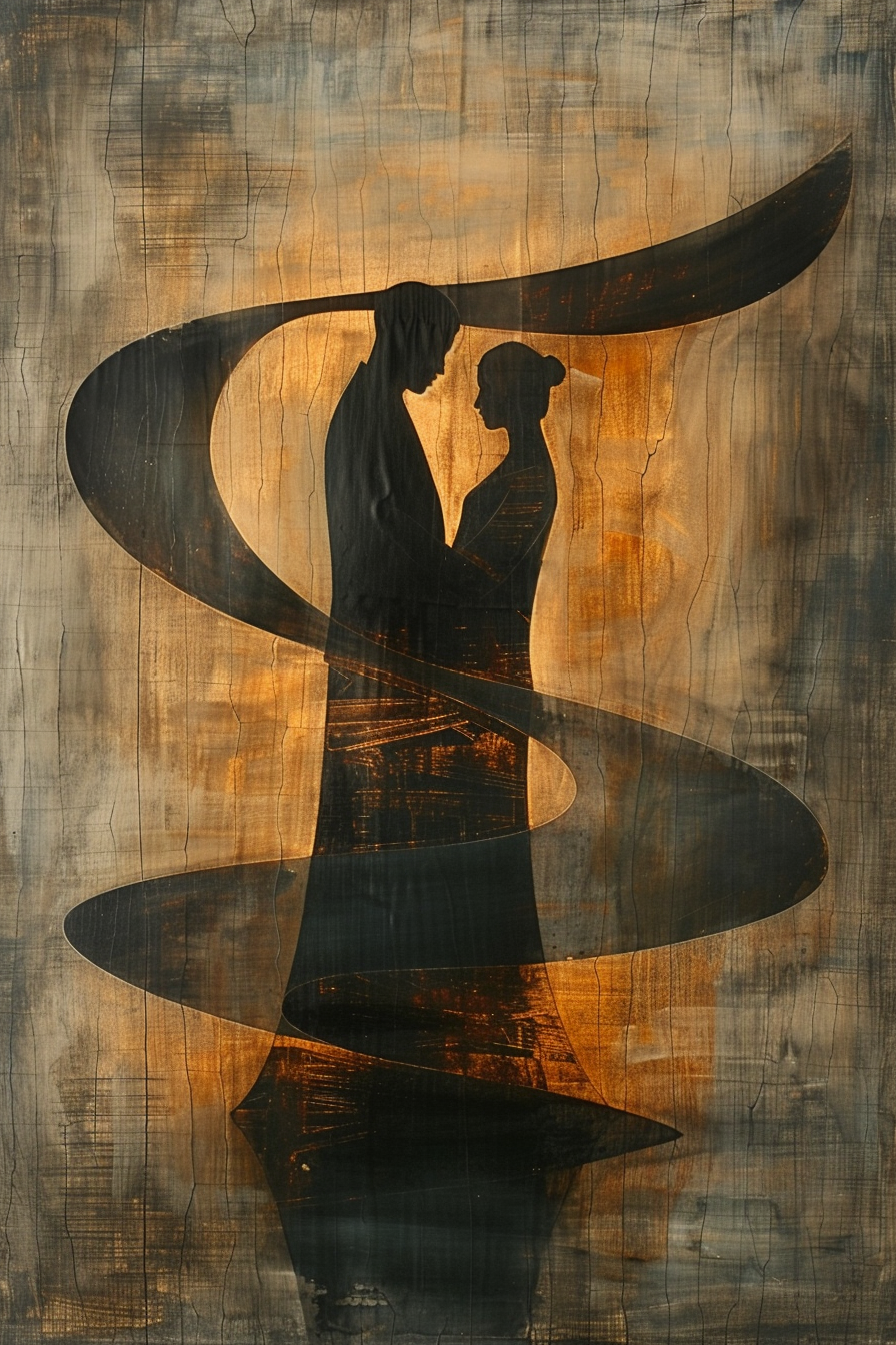 Abstraktes Gemälde zweier Silhouetten, die sich in warmem goldbraunem Licht umarmen, umgeben von einer spiralförmigen Bewegung aus Dunkelheit und Glanz.
