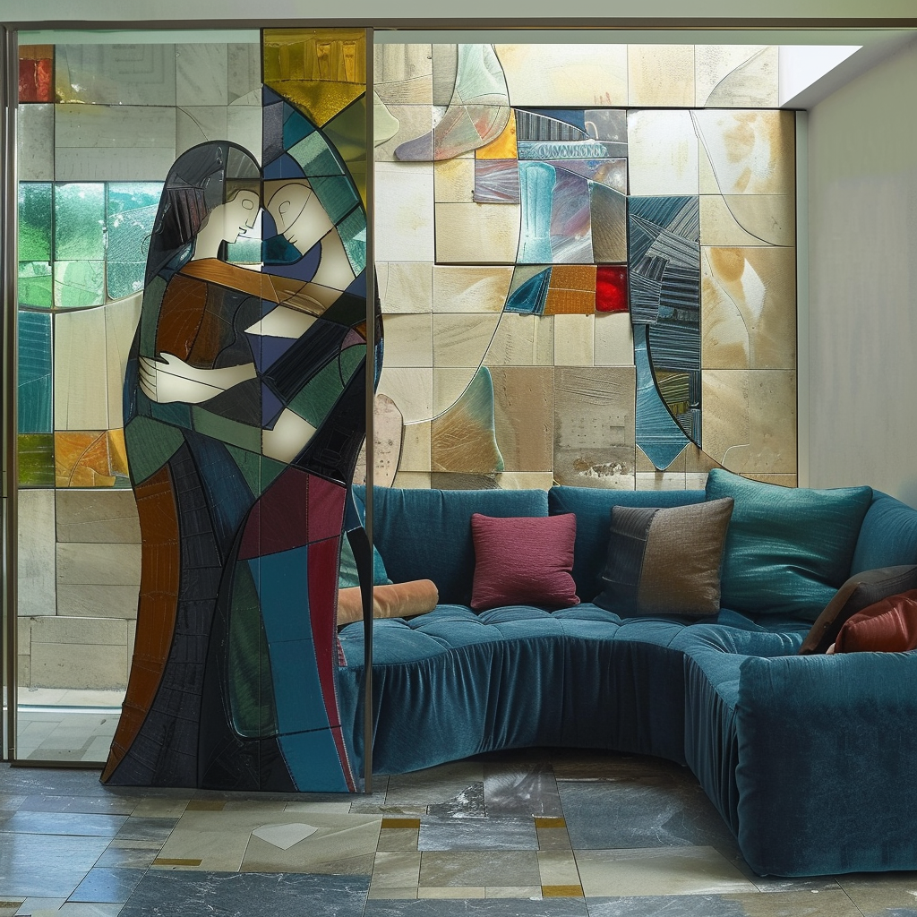 Abstraktes Glaskunstwerk mit sich umarmendem Paar in moderner Innenarchitektur
