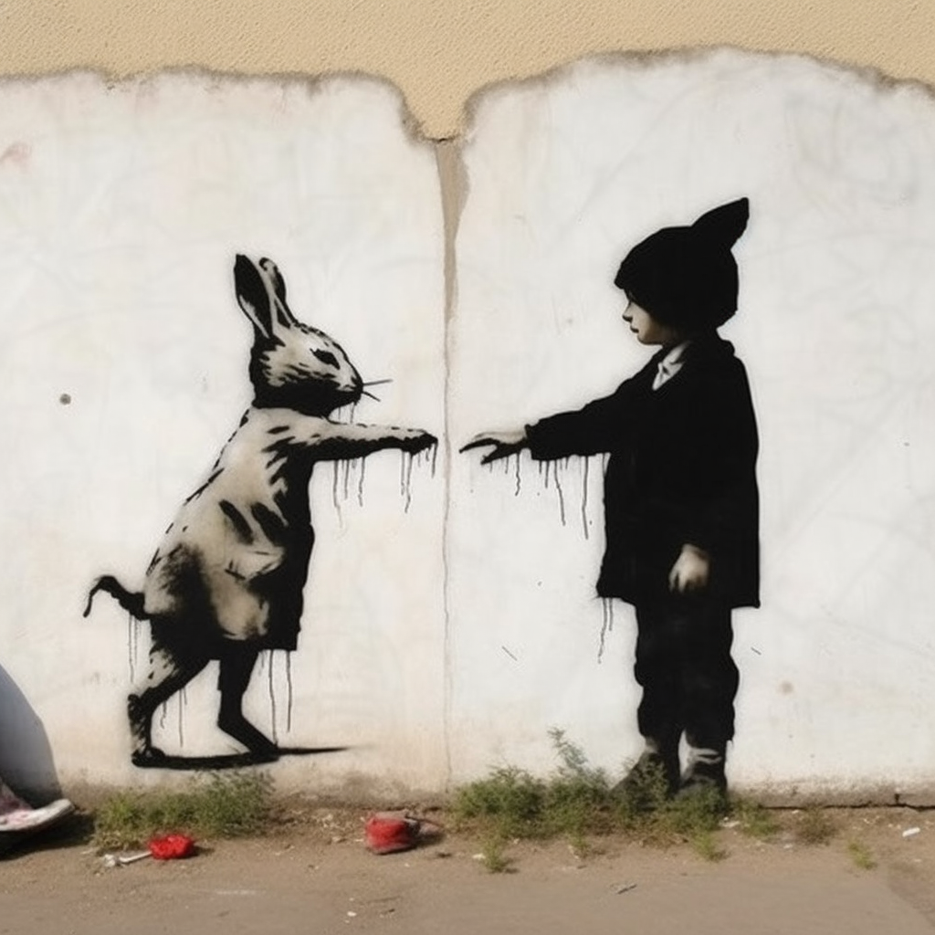 Streetart-Motiv mit einem Kind und einem Hasen, die sich über eine Wand hinweg die Hände reichen – Symbol für Unschuld, Fantasie und Trennung.

