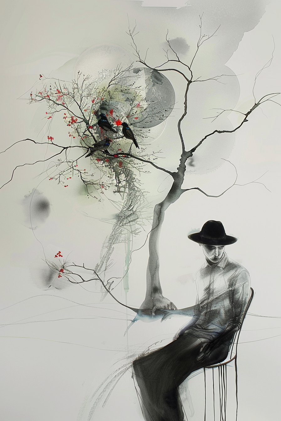mann mit hut sitzt unter einem baum, schwarze vögel und rote blüten, minimalistische tuschemalerei in grautönen
