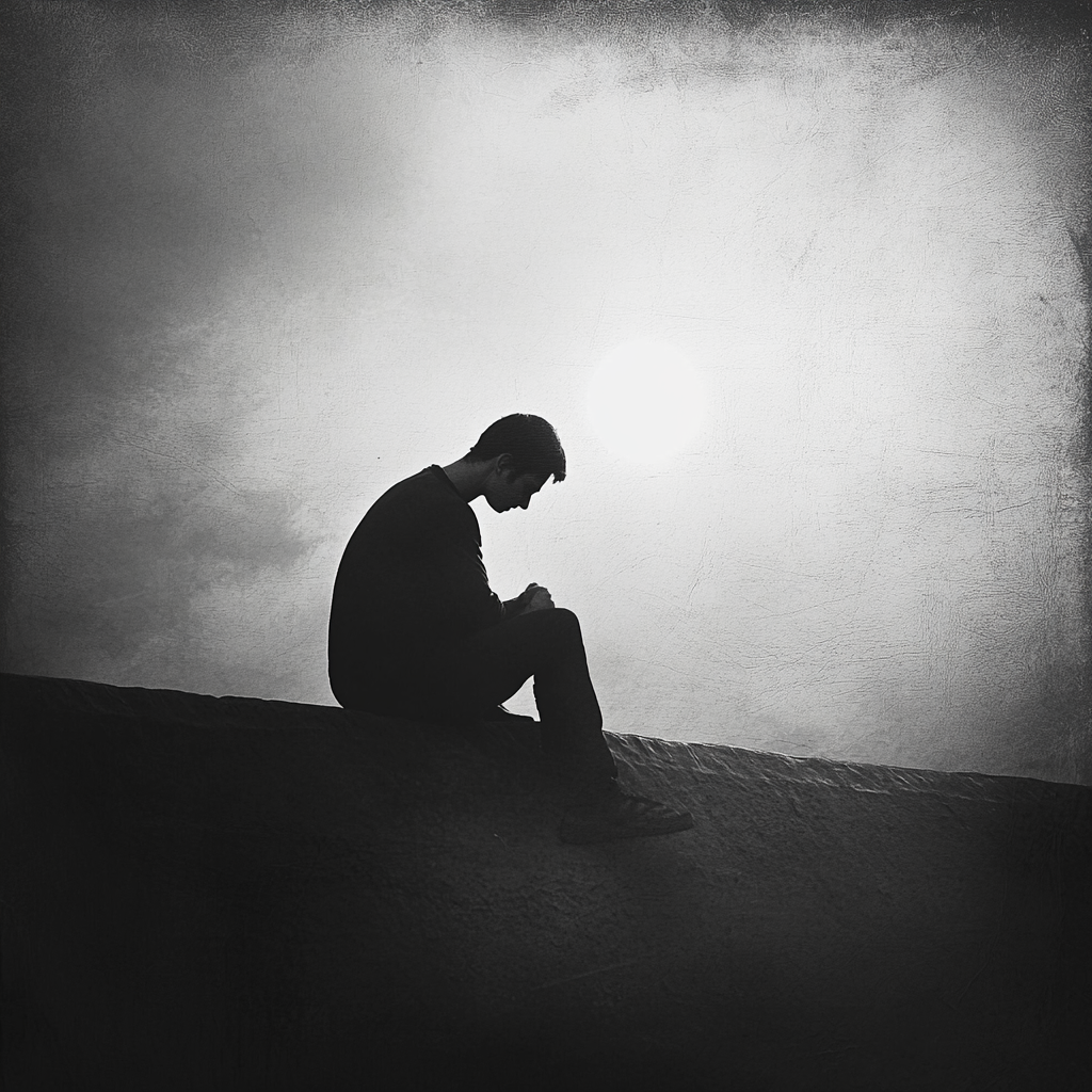 Eine Silhouette eines Mannes sitzt allein auf einer Mauer unter der Sonne, den Kopf gesenkt, in einem Schwarz-Weiß-Foto mit melancholischer Atmosphäre.
