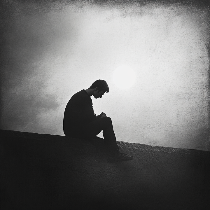 Eine Silhouette eines Mannes sitzt allein auf einer Mauer unter der Sonne, den Kopf gesenkt, in einem Schwarz-Weiß-Foto mit melancholischer Atmosphäre.
