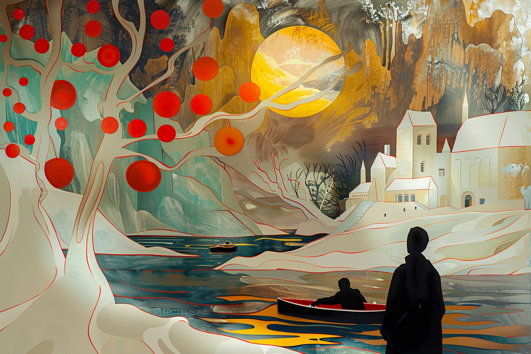 Surreale Landschaft mit einem goldenen Mond über einem Fluss. Zwei Figuren in Booten, eine am Ufer. Im Vordergrund stilisierte weiße Bäume mit roten Kugeln, im Hintergrund ein Schloss in sanften Farbtönen. Traumhafte, symbolische Szene.
