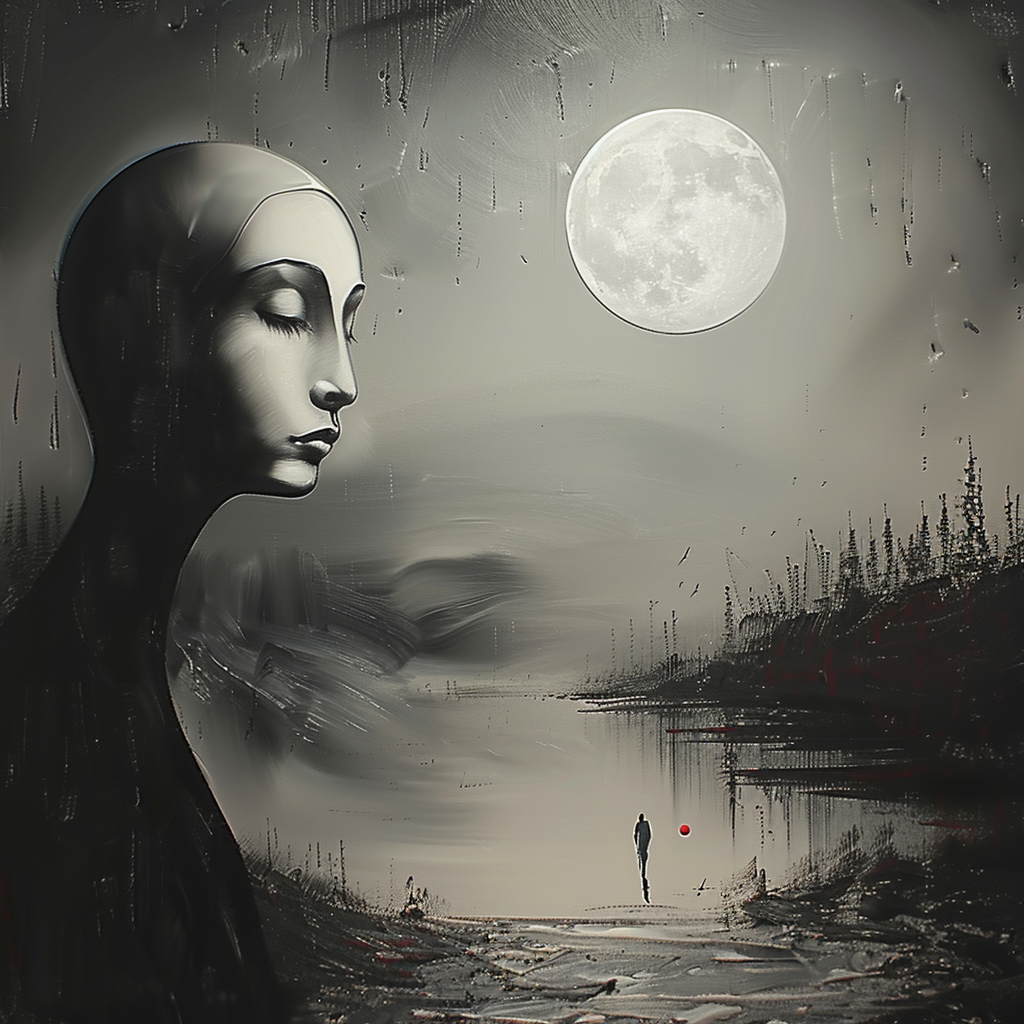 Surreales Gemälde einer Frau mit geschlossenen Augen unter einem hellen Vollmond in melancholischer Landschaft.
