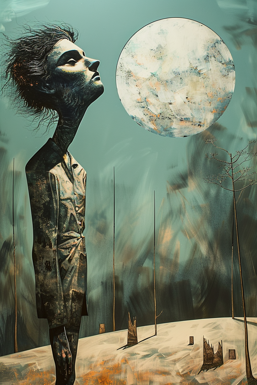 Eine hochgewachsene, schattenhafte Figur mit geneigtem Kopf steht in einer kargen, mondbeschienenen Landschaft.  
Über ihr schwebt ein übergroßer, leuchtender Mond. Die Farbwelt besteht aus gedämpftem Türkis, Grau und blassen Erdtönen, die eine melancholische, surreale Stimmung erzeugen.
