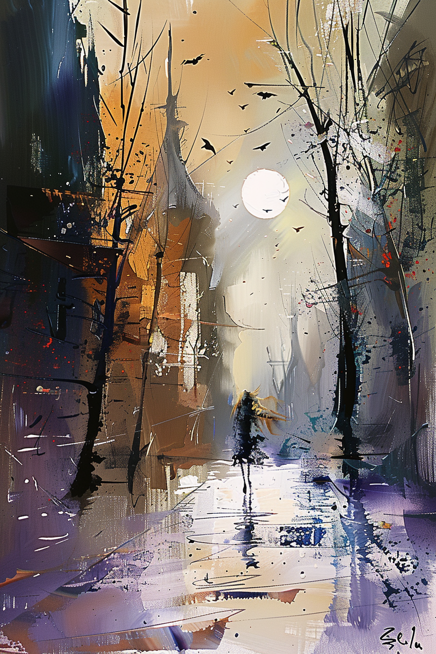 Abstraktes Stadtbild mit einer Figur unter dem Vollmond, umgeben von Bäumen und reflektierendem Licht.
