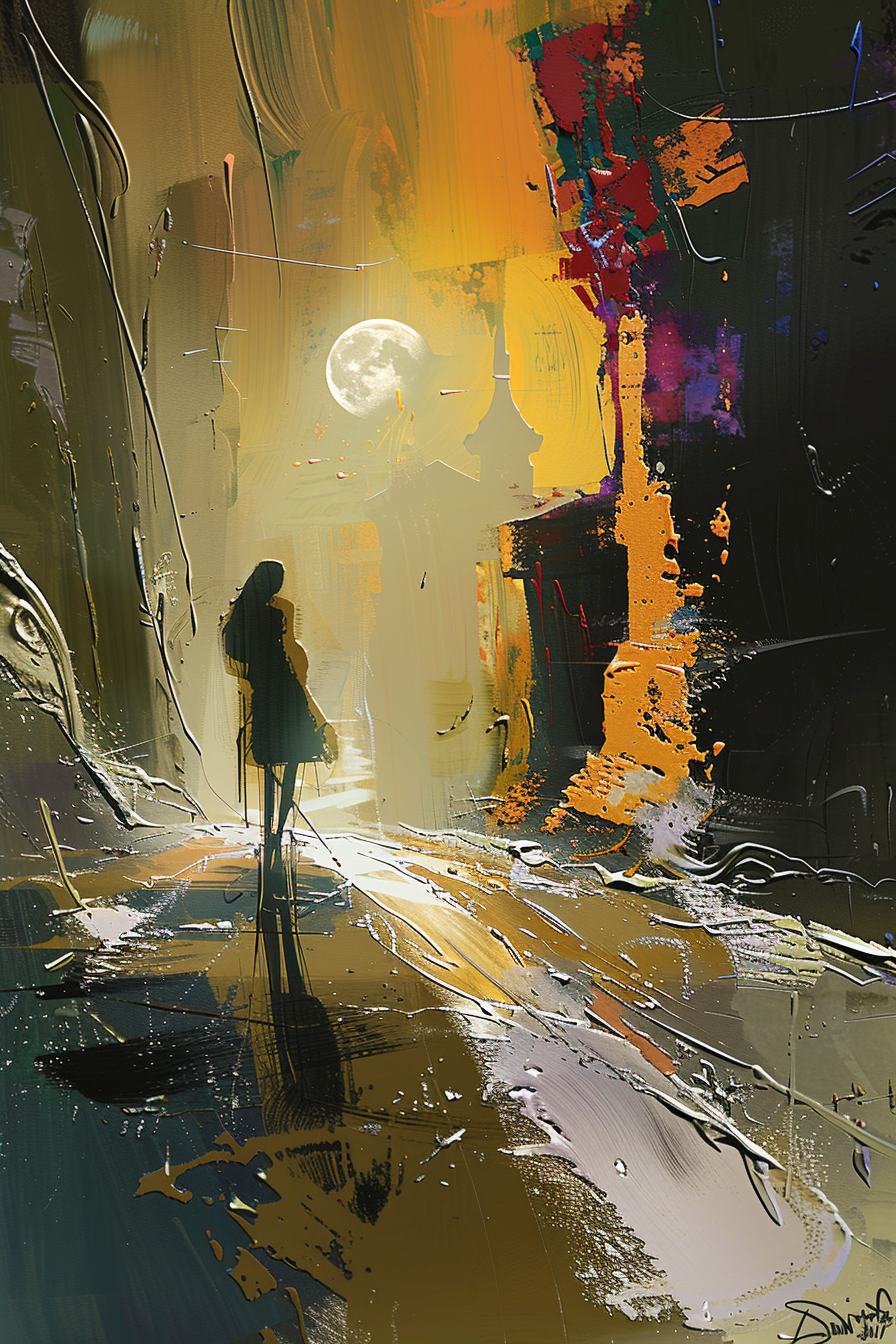 figur in einer nächtlichen stadtlandschaft im mondlicht
