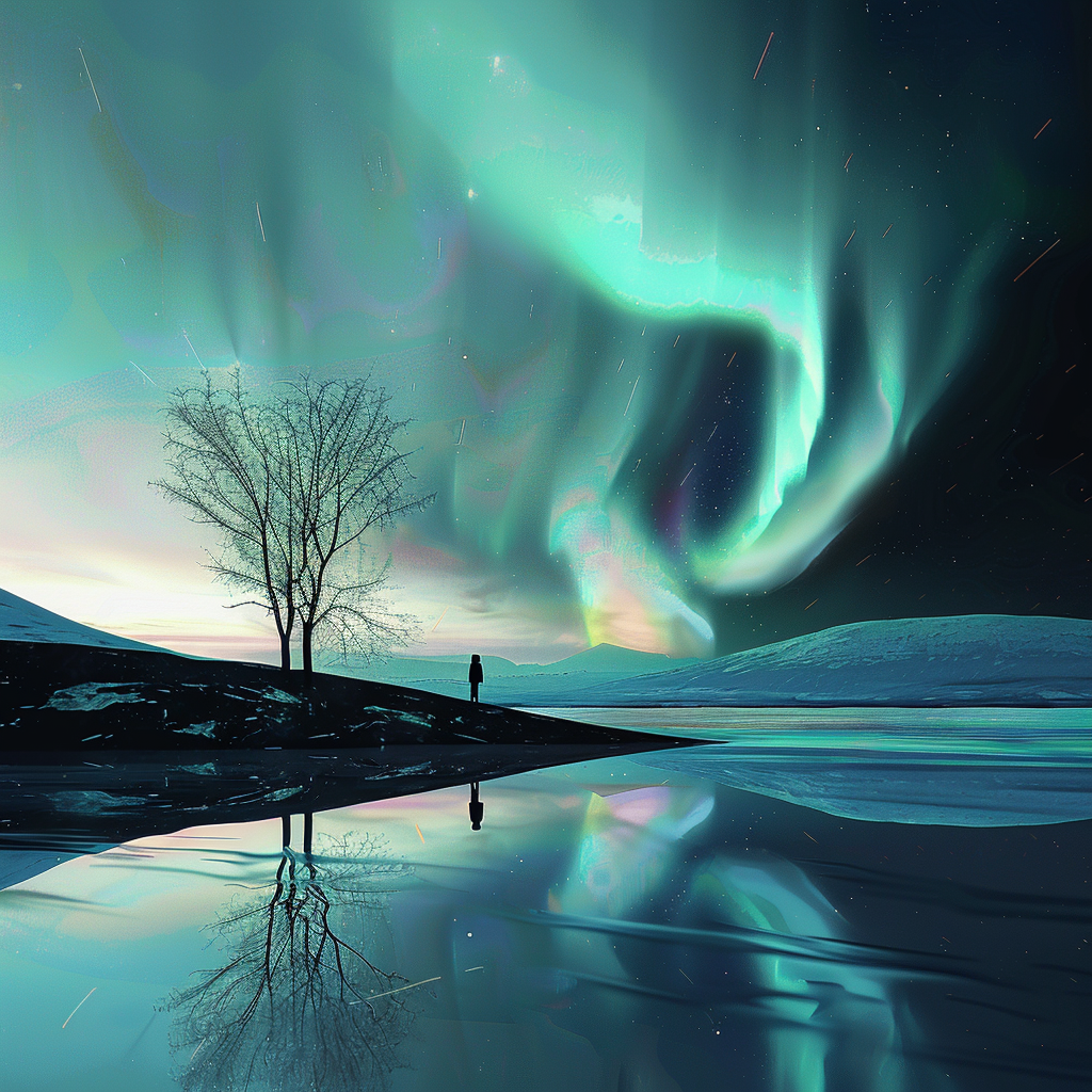 Person steht am gefrorenen See unter einem leuchtenden Nordlicht – Symbol für Stille, Weite und kosmische Verbundenheit.
