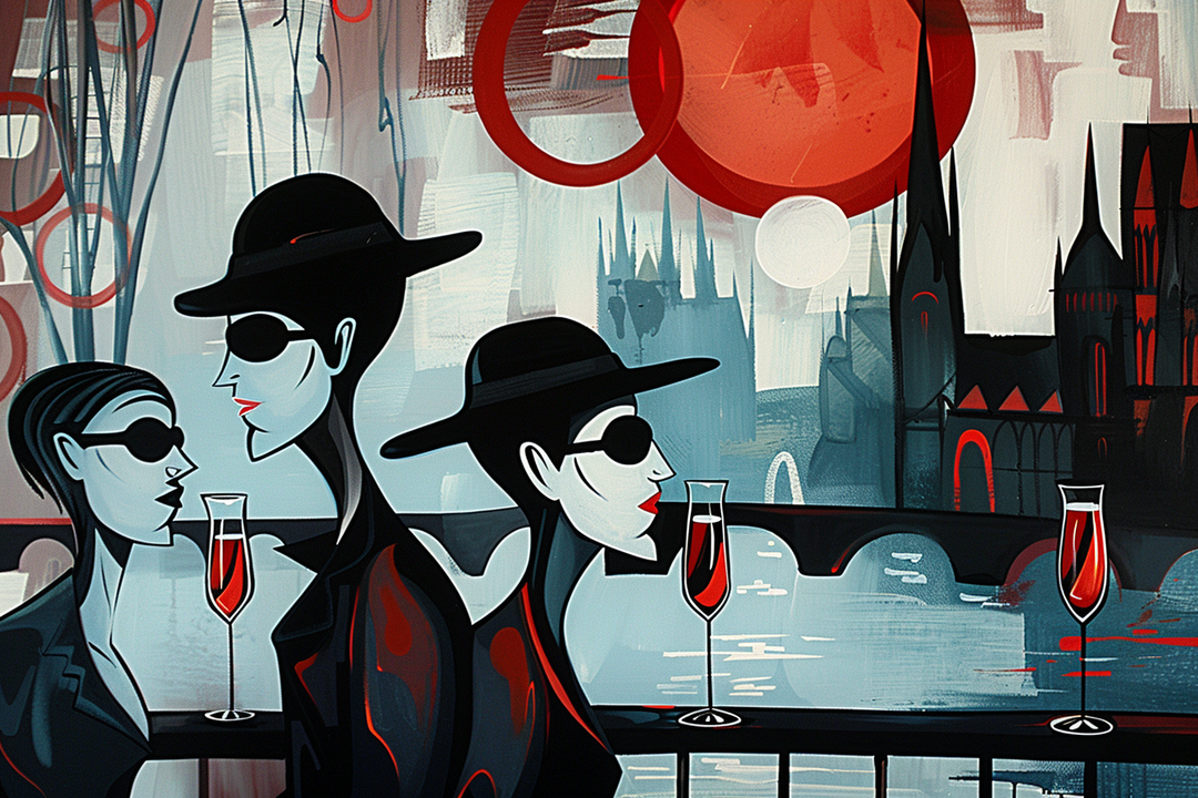 Ein stilisiertes, modernes Gemälde zeigt drei elegant gekleidete Personen mit Sonnenbrillen und Hüten, die an einem Flussufer mit Gläsern in der Hand stehen. Im Hintergrund ragen gotische Türme und Kreise in Rot- und Grautönen auf. Das Licht wirkt kühl, während rote Akzente eine geheimnisvolle Spannung erzeugen.
