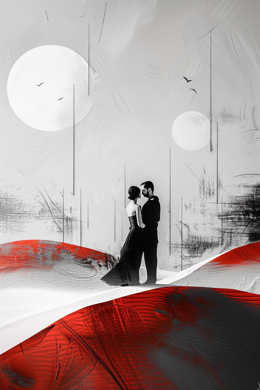 Surreale Szene eines Liebespaares in einer abstrakten Landschaft mit zwei Monden.
