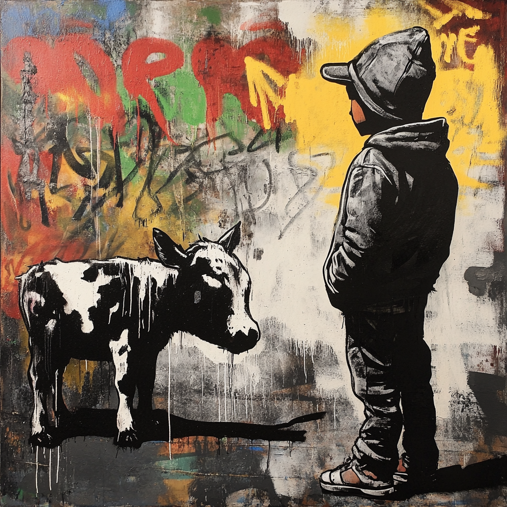 streetart mit kind in kapuzenjacke und kuh vor bunter graffitiwand
streetart mit kind in kapuzenjacke und kuh vor bunter graffitiwand
