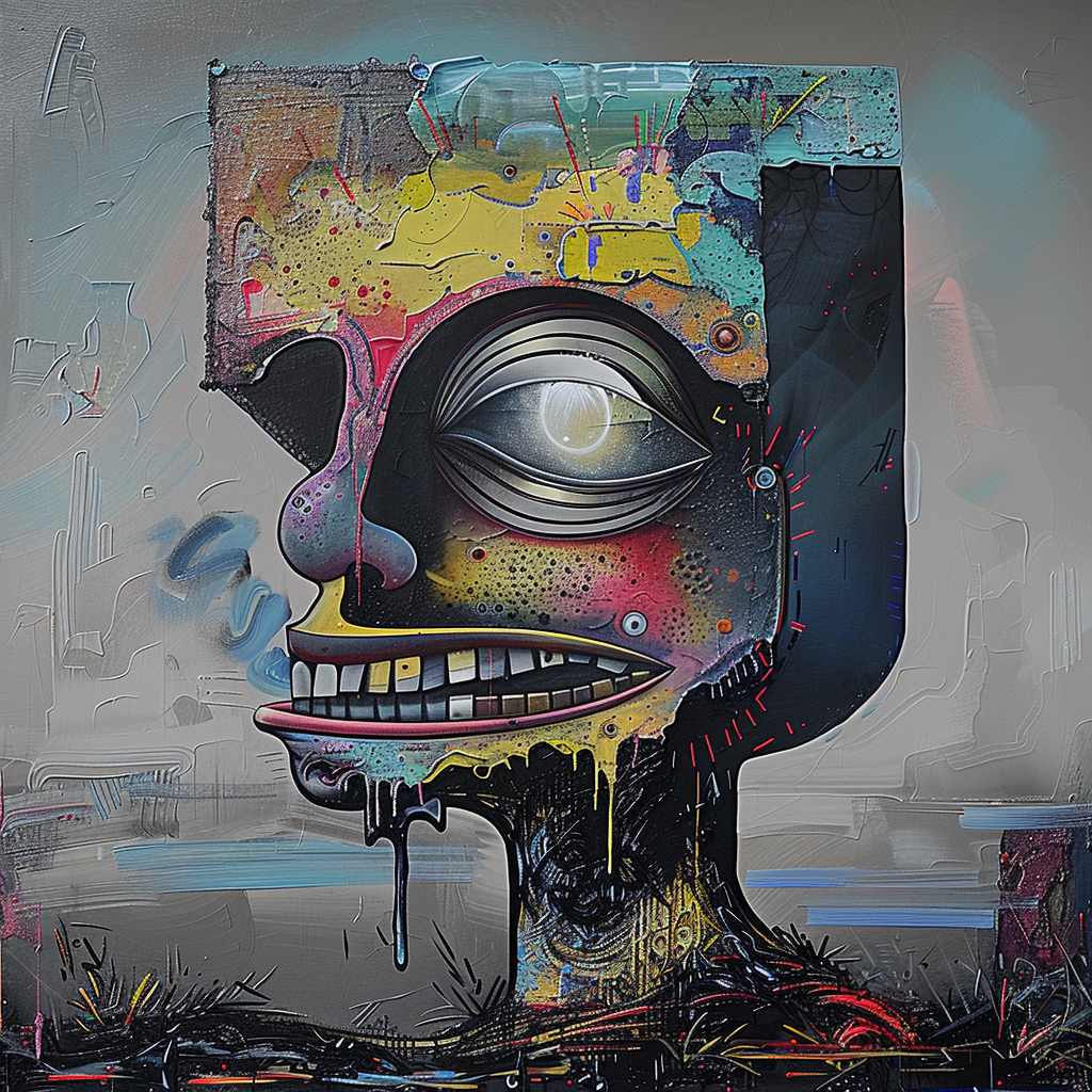 Abstraktes, farbenreiches Porträt eines maskenhaften Gesichts mit übergroßem Auge, grober Textur und surrealen Details – ein urbanes Symbol für Identität und Chaos.
