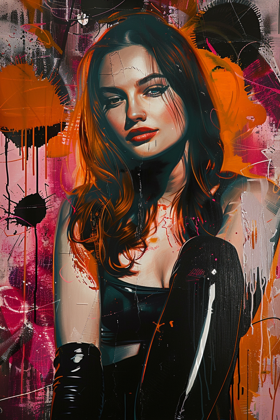Modernes Porträt einer Frau mit rotem Haar vor abstraktem, farbintensivem Hintergrund aus Orange, Pink und Schwarz – Mischung aus Street-Art und Realismus.
