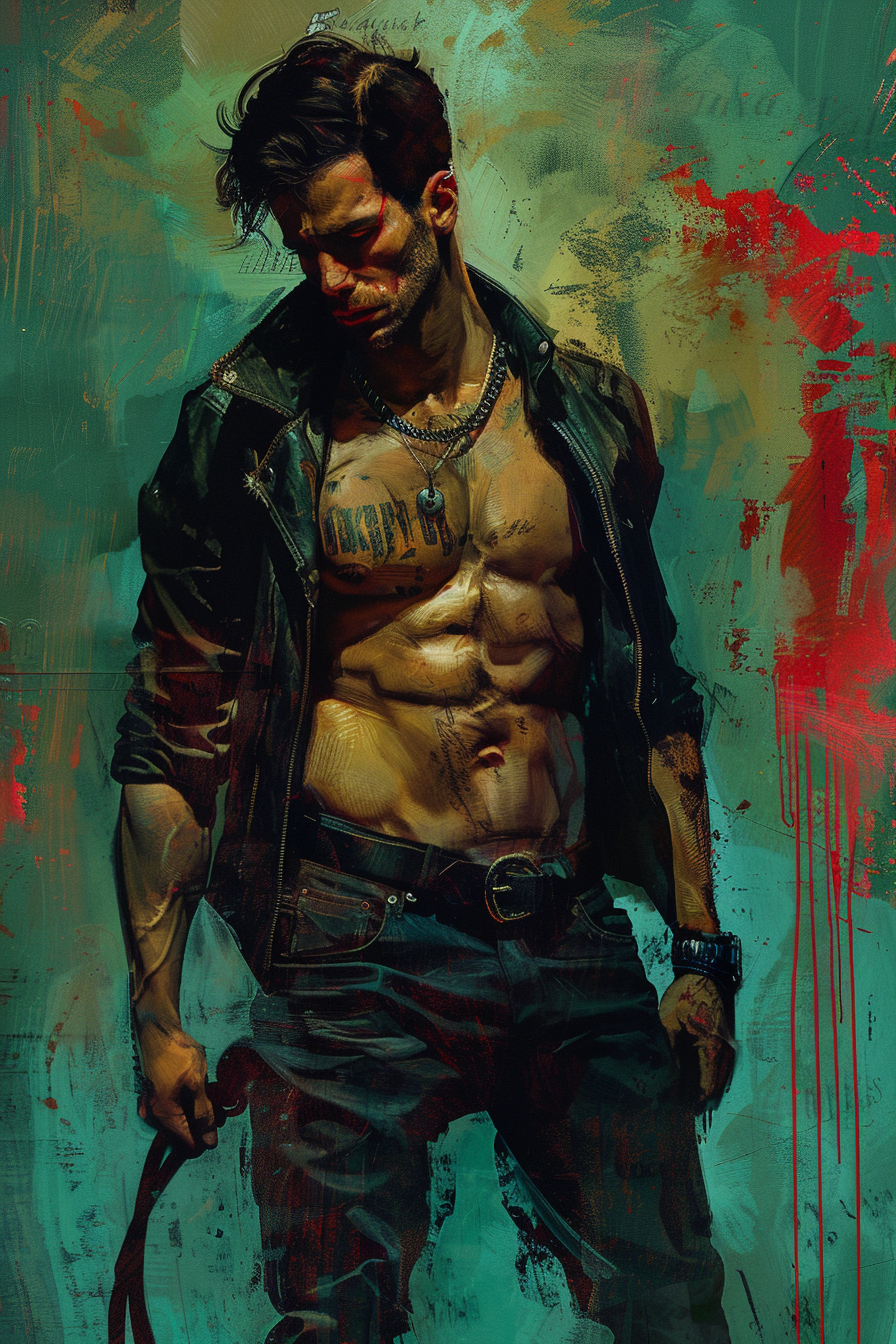 Porträt eines muskulösen Mannes in Lederjacke mit tätowierter Brust, dargestellt in dunklen, expressiven Farbtönen mit rotem Akzent.
