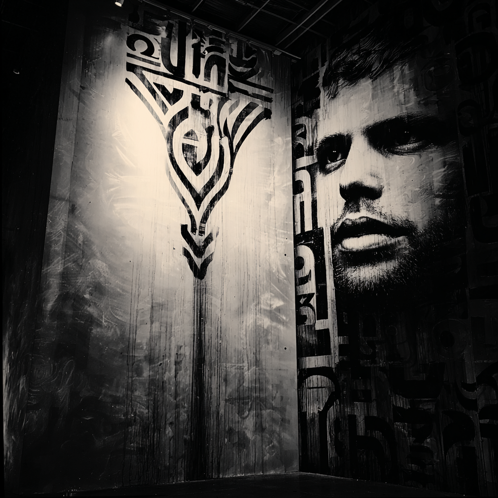 Schwarz-Weiß-Kunstwerk mit männlichem Porträt und abstrakten Symbolen, urbaner Stil mit Tiefe und Emotion.
