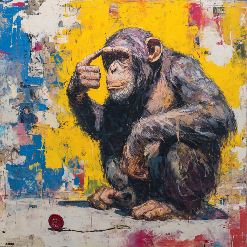Ausdrucksstarkes Gemälde eines nachdenklichen Schimpansen vor einem gelben Hintergrund – er berührt seine Stirn, vor ihm liegt ein rotes Jojo auf dem Boden.
