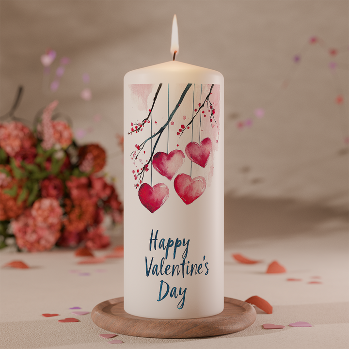 Weiße Valentinskerze mit hängenden roten Herzen im Aquarellstil und Schriftzug Happy Valentine’s Day