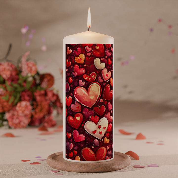 Weiße Valentinskerze mit dichtem Herzmotiv in kräftigen Rot- und Rosétönen