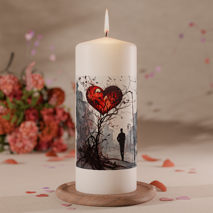 Weiße Valentinskerze mit rotem Herzmotiv in grauer urbaner Stadtszene