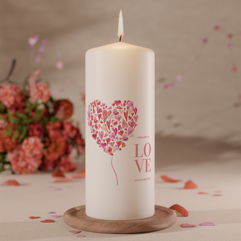 Weiße Valentinskerze mit Herzballon aus Aquarellherzen und LOVE-Schriftzug