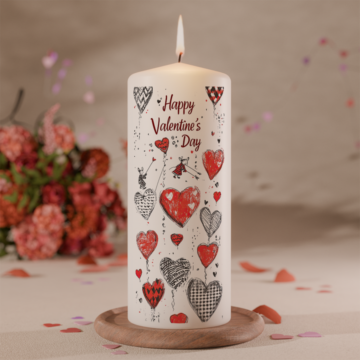 Weiße Valentinskerze mit verspielten Herzballons, handgezeichnetem Stil und Schriftzug Happy Valentine’s Day